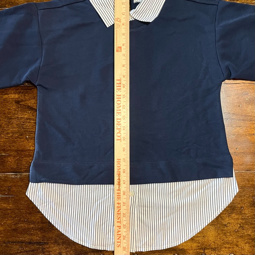 Loft Mixed Media Sweatshirt Women XS Petite Navy Striped Layered Preppy Classic - Picture 12 of 12